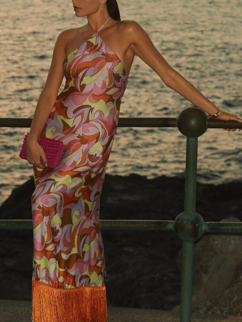 Halter Maxi Dress in Multi Floral Swirl with Fringe